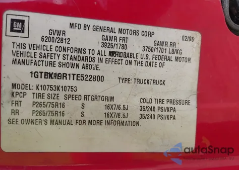 1996 GMC Sierra K1500 z USA, uszkodzony, nr VIN 1GTEK19R1TE522800